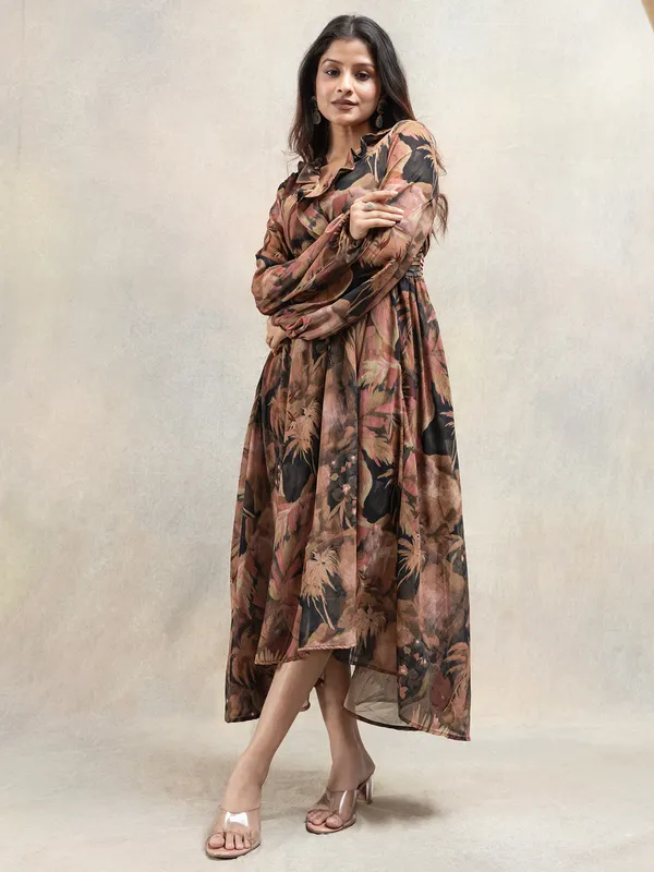 Brown printed designer dress in georgette for women