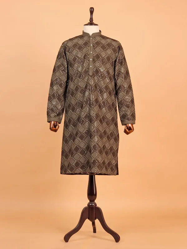 Brown printed kurta suit in heavy work for men