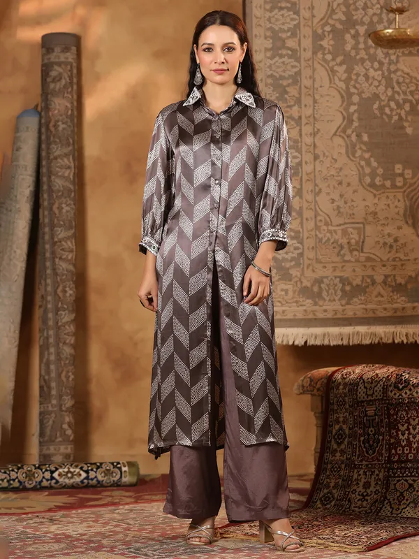 Brown printed kurti set in satin silk