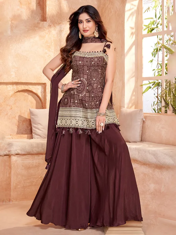 Brown printed printed wedding wear palazzo suit