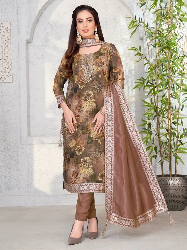 Brown printed salwar suit for women