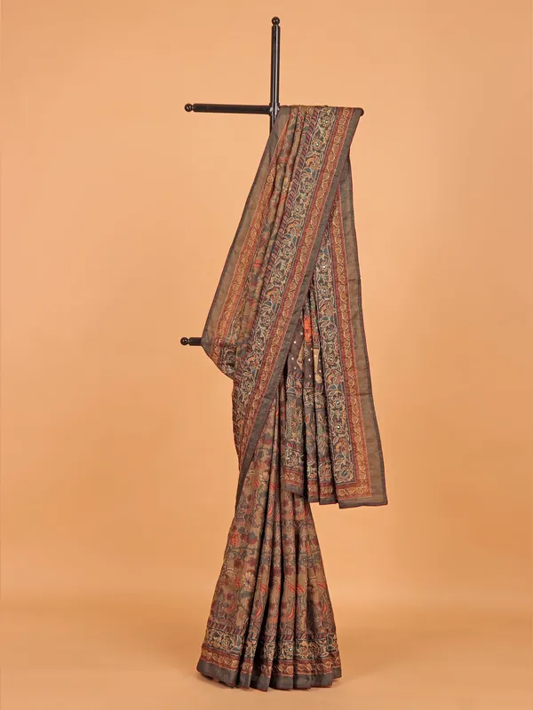 Brown printed saree in cotton silk