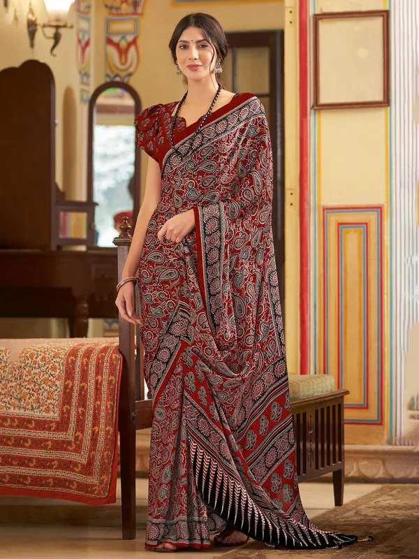 Brown printed saree in japan silk