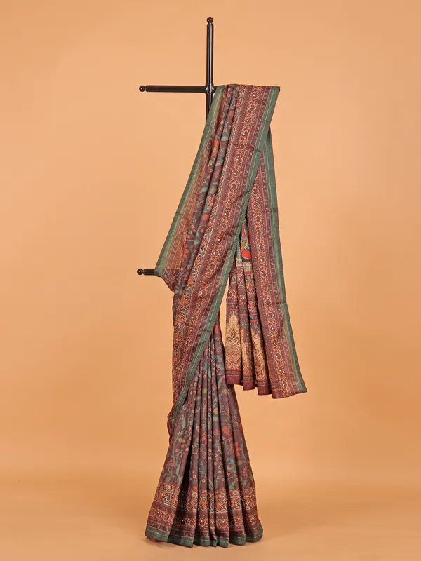 Brown printed saree in semi cotton silk