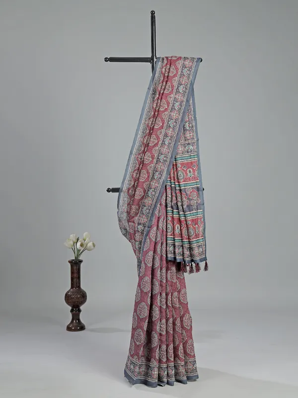 Brown printed semi cotton saree with thread accents