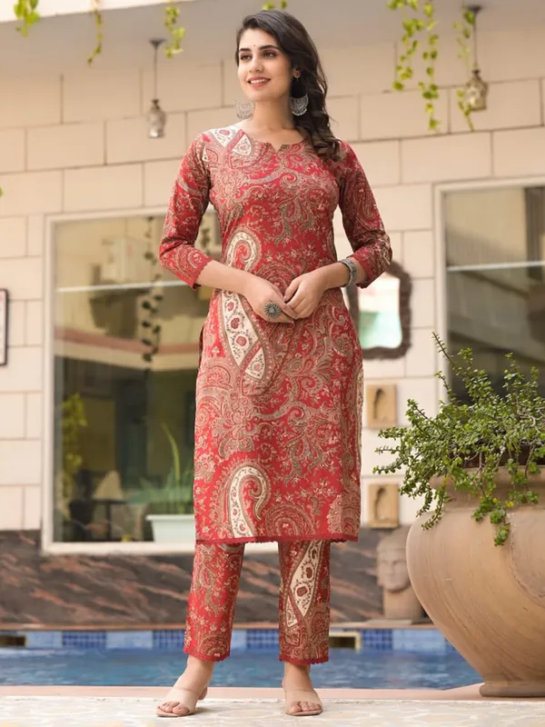 Brown printed silk kurti set for women