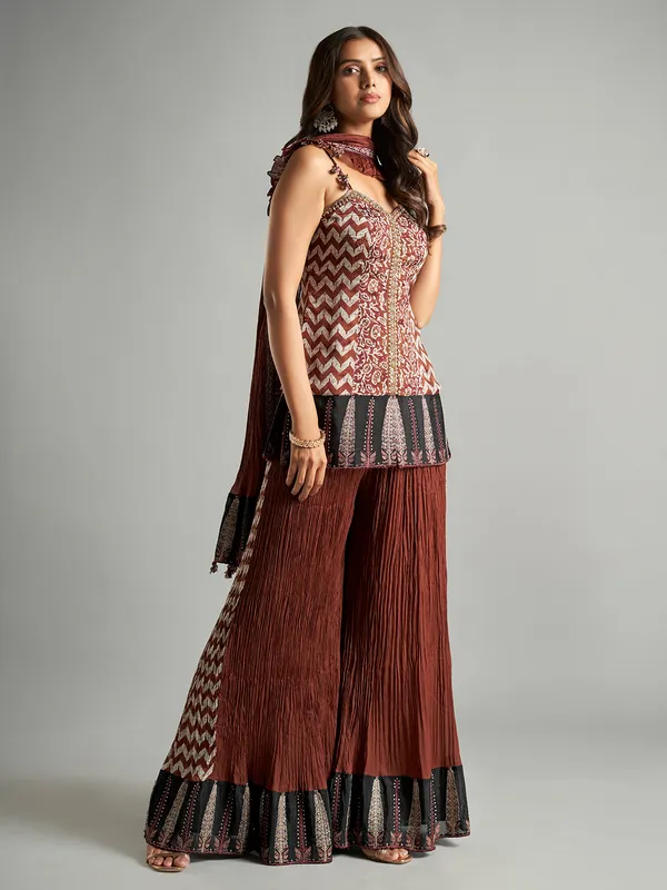 Brown printed silk palazzo suit for festive wear