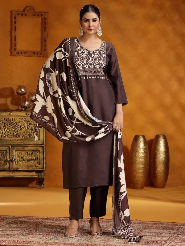 Brown printed silk salwar suit for women