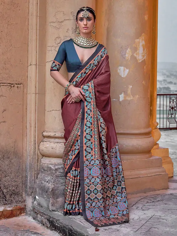 Brown saree with soft silk and printed pattern