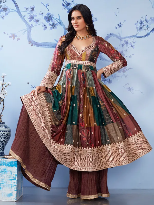 Brown satin palazzo salwar suit