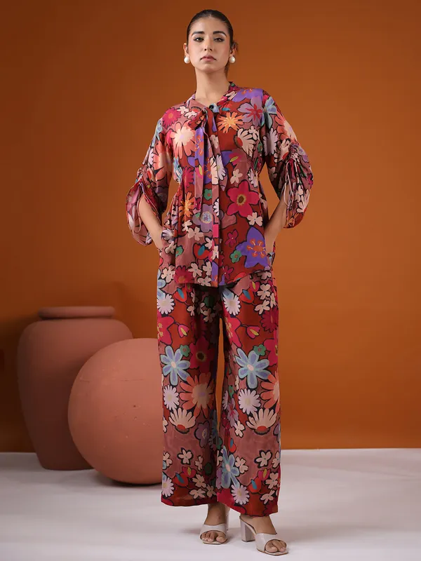 Brown satin printed co ord set