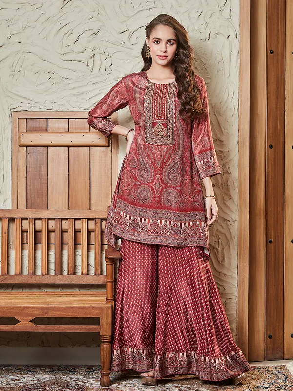 Brown satin silk palazzo kurti set for women