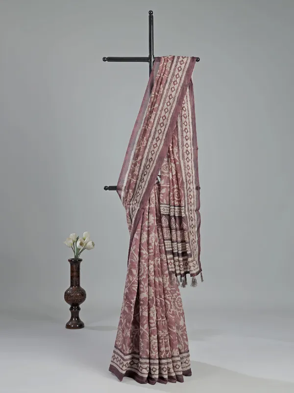 Brown semi cotton printed saree