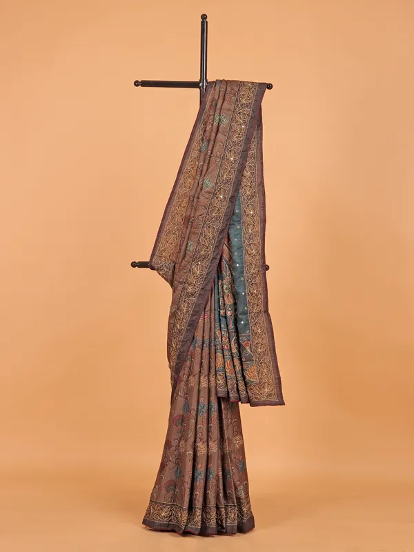 Brown semi cotton silk printed saree for festive