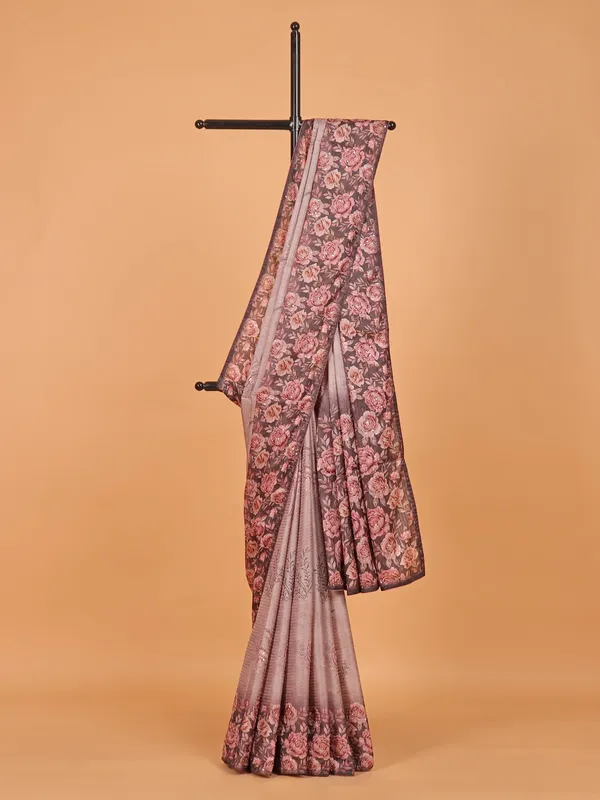 Brown semi silk printed saree for women