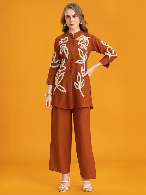 Brown silk co-ord set with fine detailing
