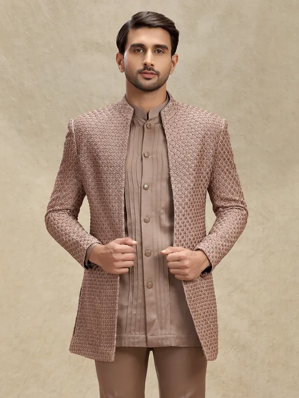 Brown silk embroidered layers indowestern with jacket