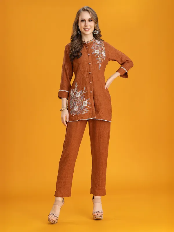 Brown silk embroidered pant co-ord set