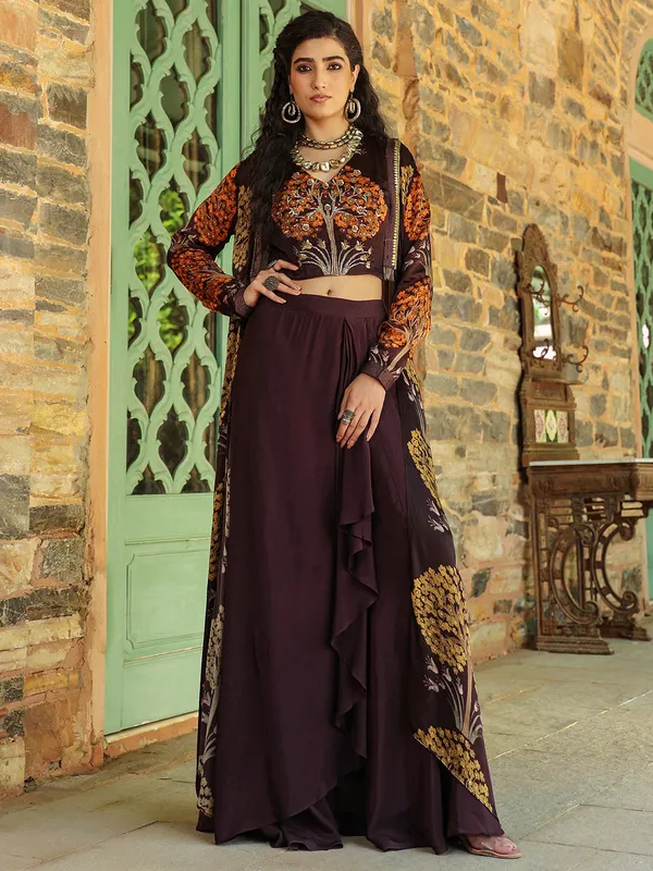 Brown silk indowestern salwar suit with shrug