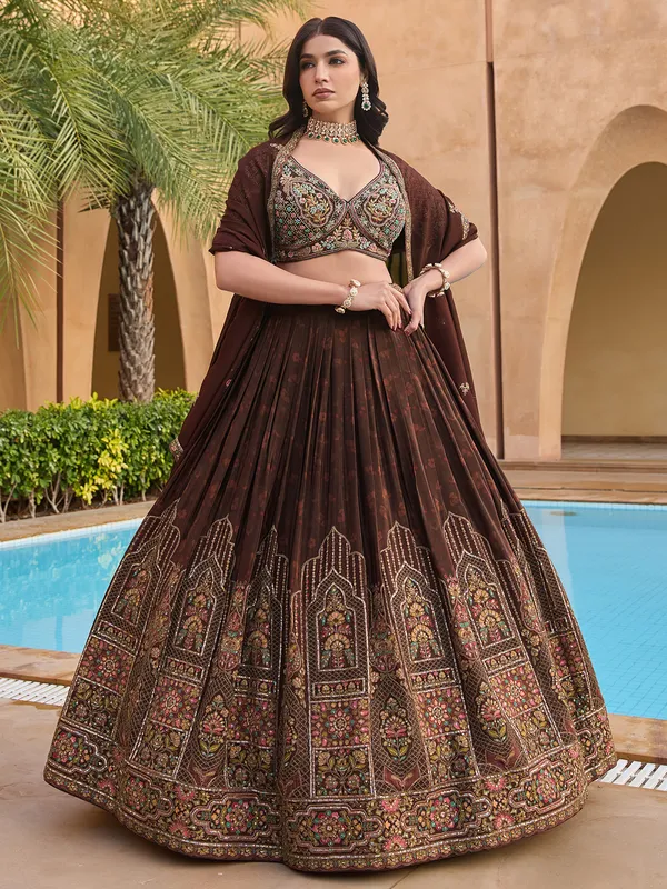 Brown silk lehenga choli with print