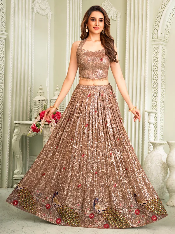 Brown silk lehenga choli with resham sequin detailing
