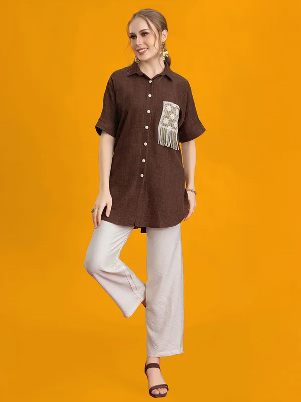 Brown silk palazzo co-ord with detailed embroidery