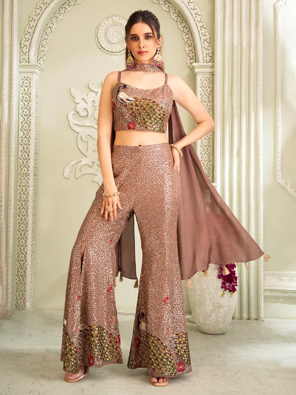 Brown silk palazzo suit with rich embroidery