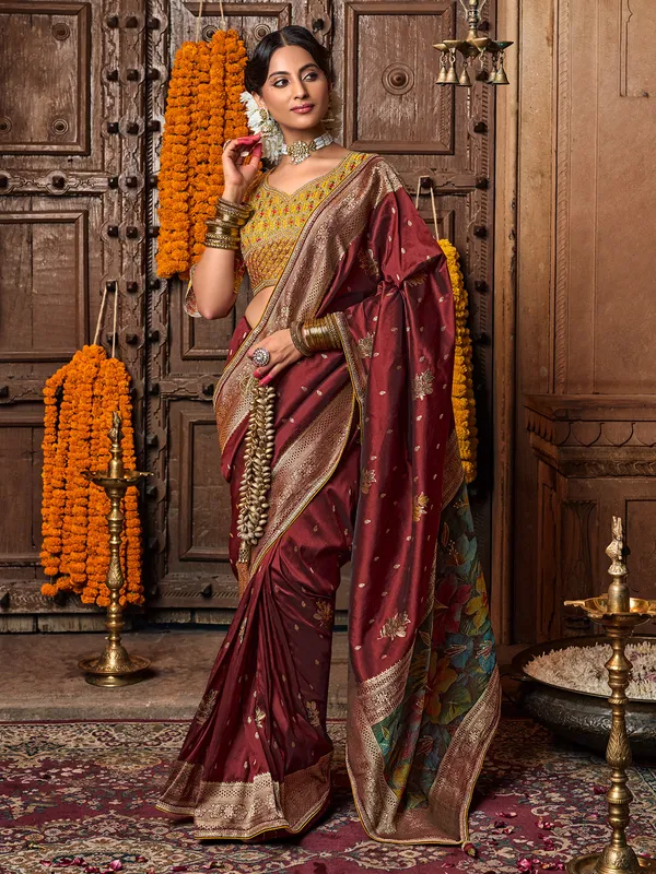 Brown silk saree for wedding celebration