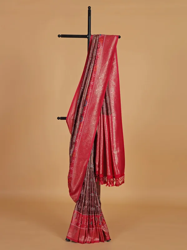 Brown silk saree with red border