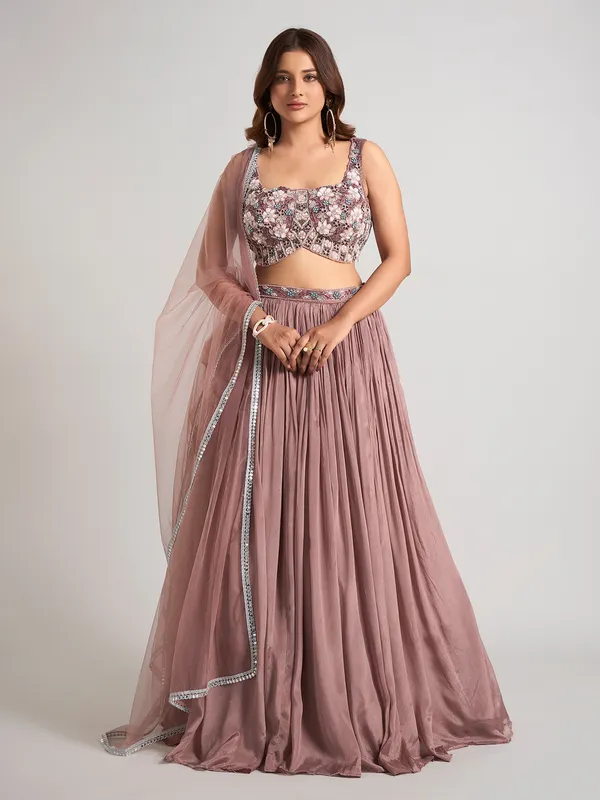 Brown silk stone studded lehenga choli
