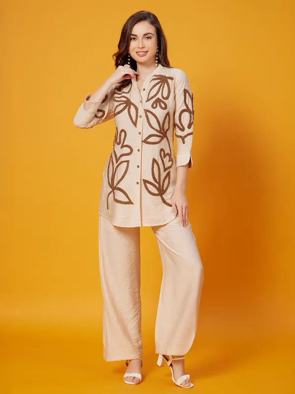 Brown silk thread work palazzo co-ord set