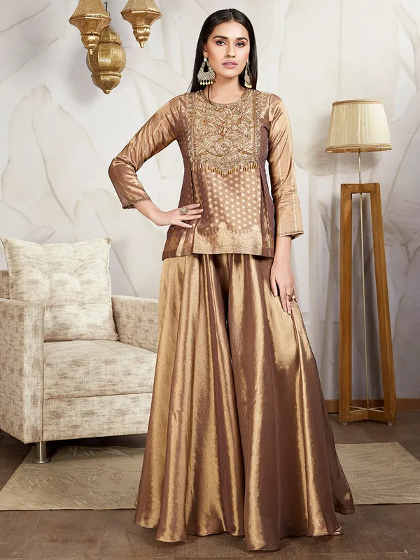 Brown silk zari weaving palazzo suit