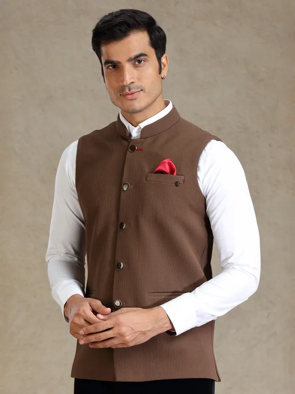 Brown textured mens waistcoat set
