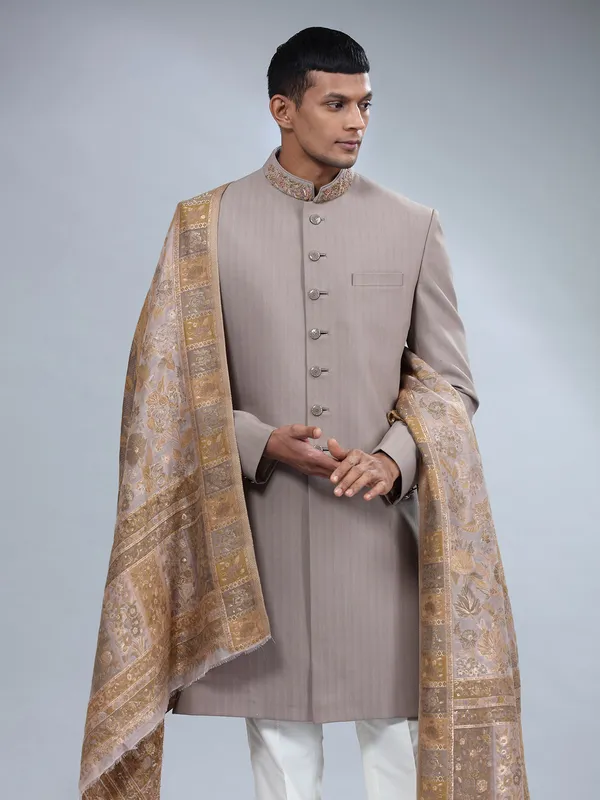 Brown textured terry rayon sherwani for men