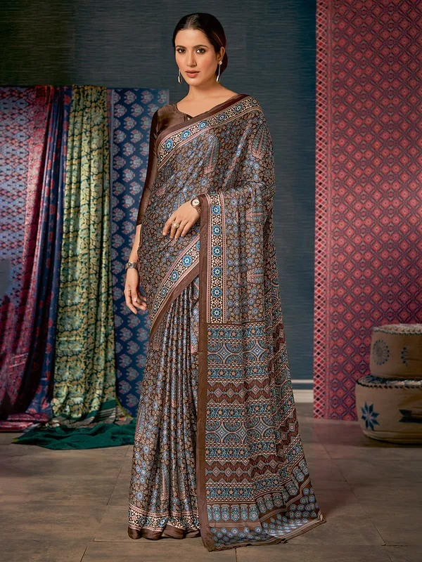 Brwon crepe saree with ajrakh print