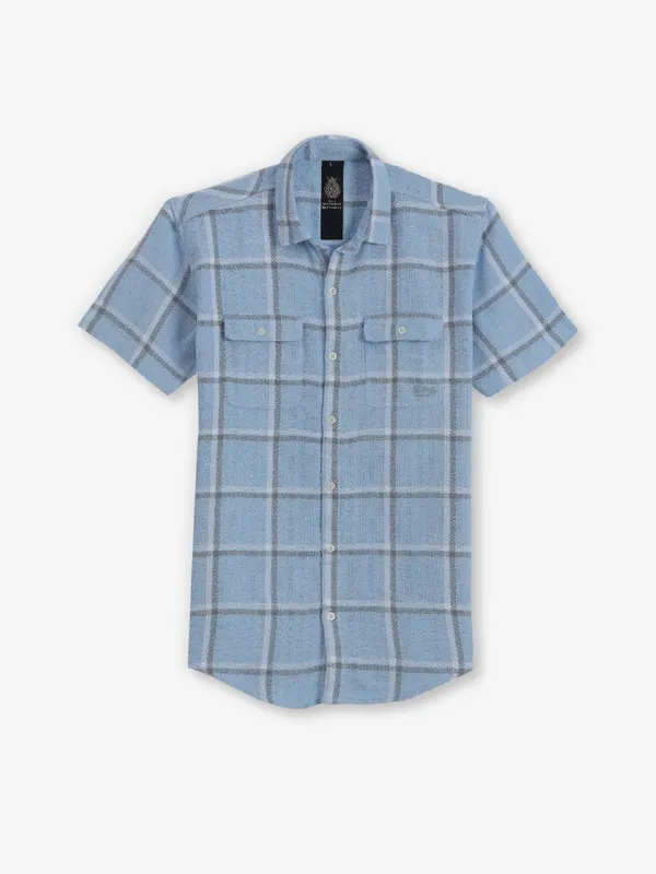 BUTTERFLY checks light blue cotton shirt