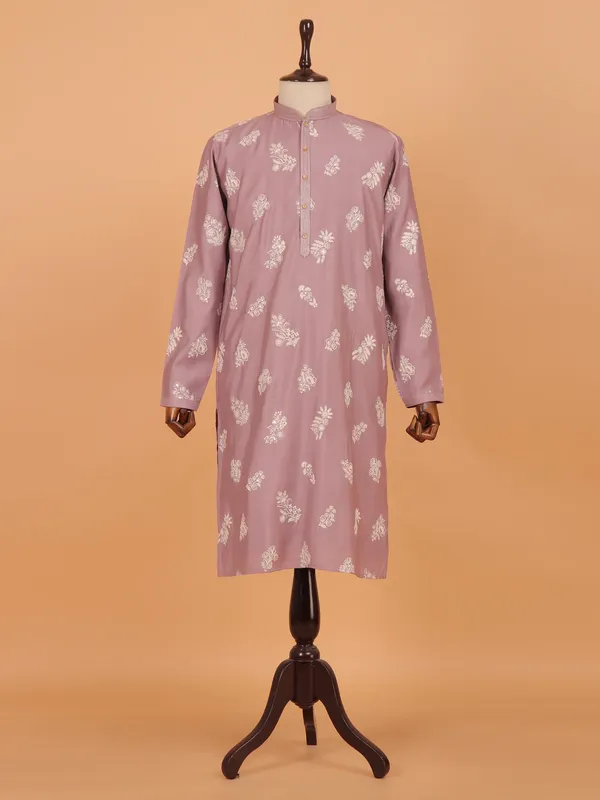 Cameo pink patched embroidery cotton kurta suit for men