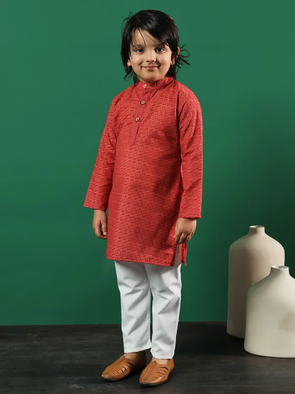 Carrot red embroideried kurta suit for boys