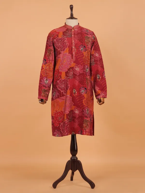 Carrot red festive cotton floral kurta set for men