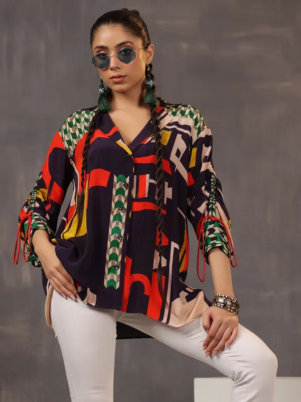 Casual black printed silk top for women
