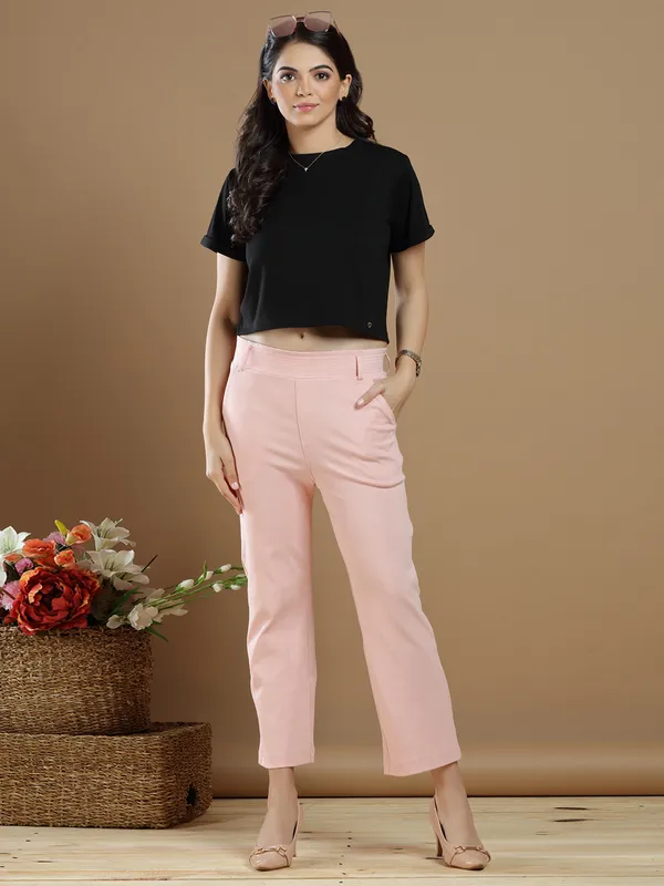 Casual wear baby pink cotton plain pant