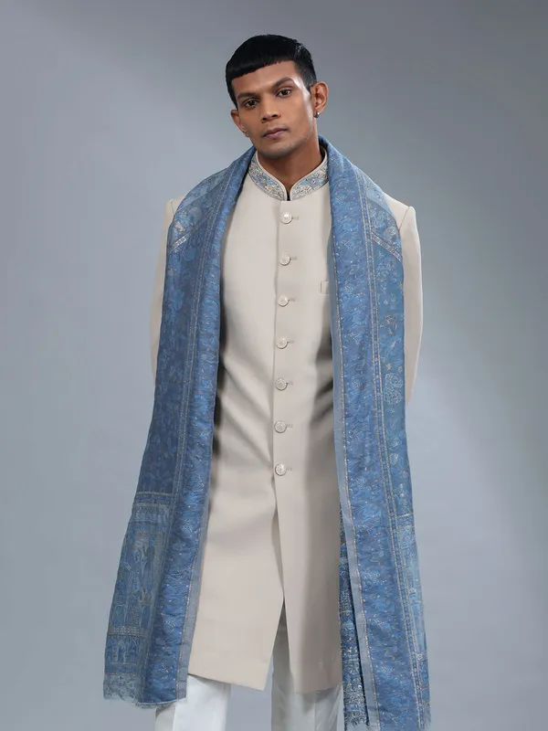 Catchy cream textured tery rayon sherwani for grooms