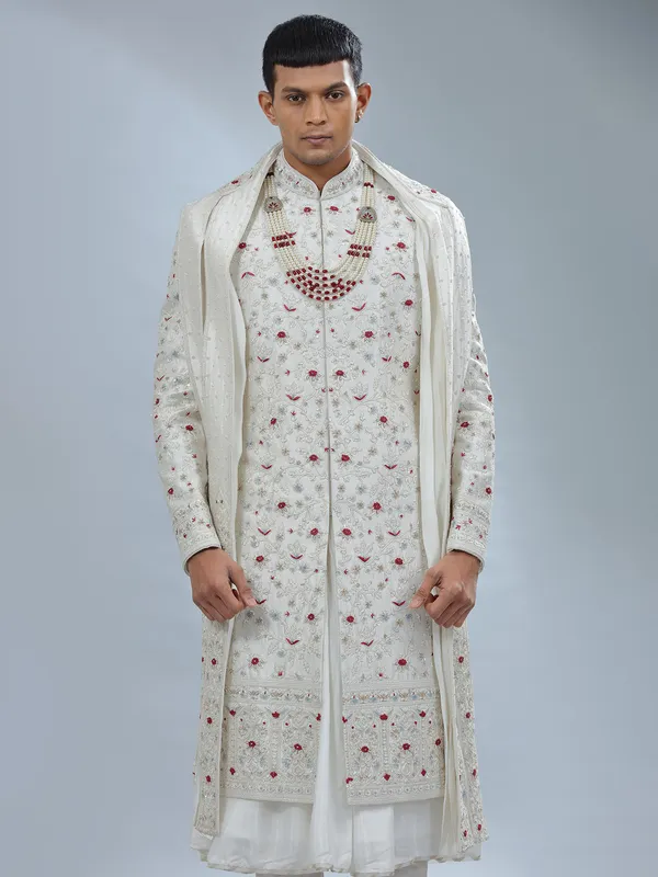 Catchy white raw silk peshwai sherwani