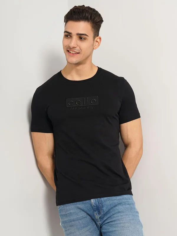 CELIO black cotton half sleeve t-shirt for men