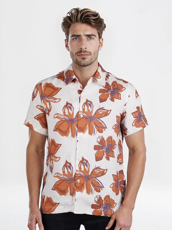 CELIO brown floral printed shirt in linen