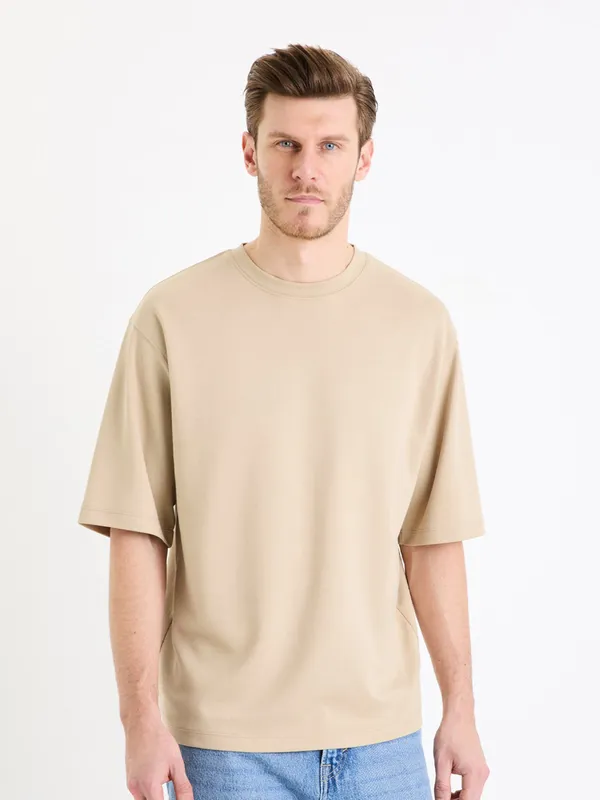 CELIO cream plain t-shirt in round neck