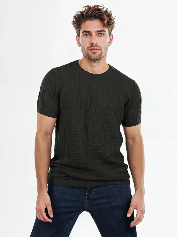 CELIO dark olive textured slim fit mens t-shirt