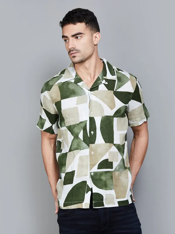 CELIO green printed linen shirt for men