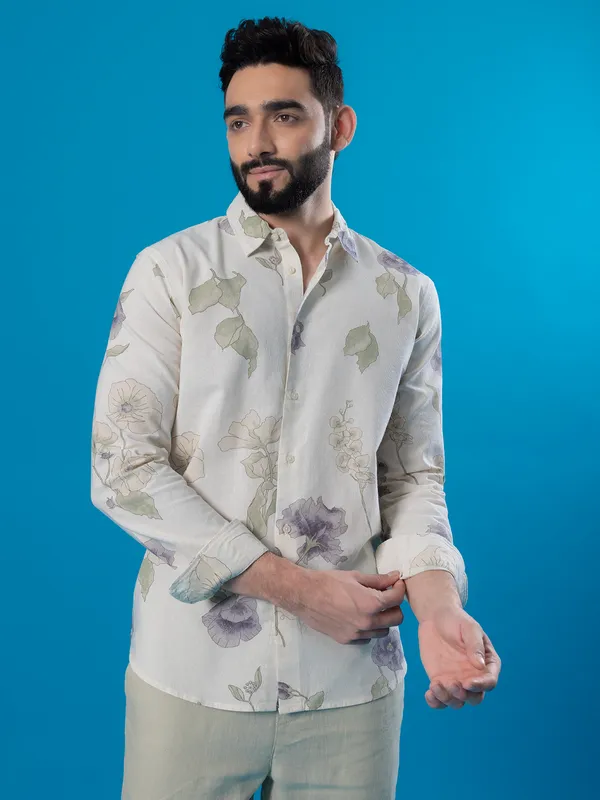 CELIO natural cream casual printed shirt for men