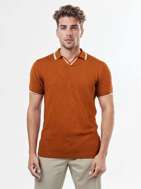 CELIO orange textured mens polo t-shirt